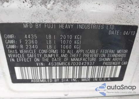 2013 Subaru Legacy 2.5I Premium из США, поврежденный, VIN 4S3BMBC67D3042937